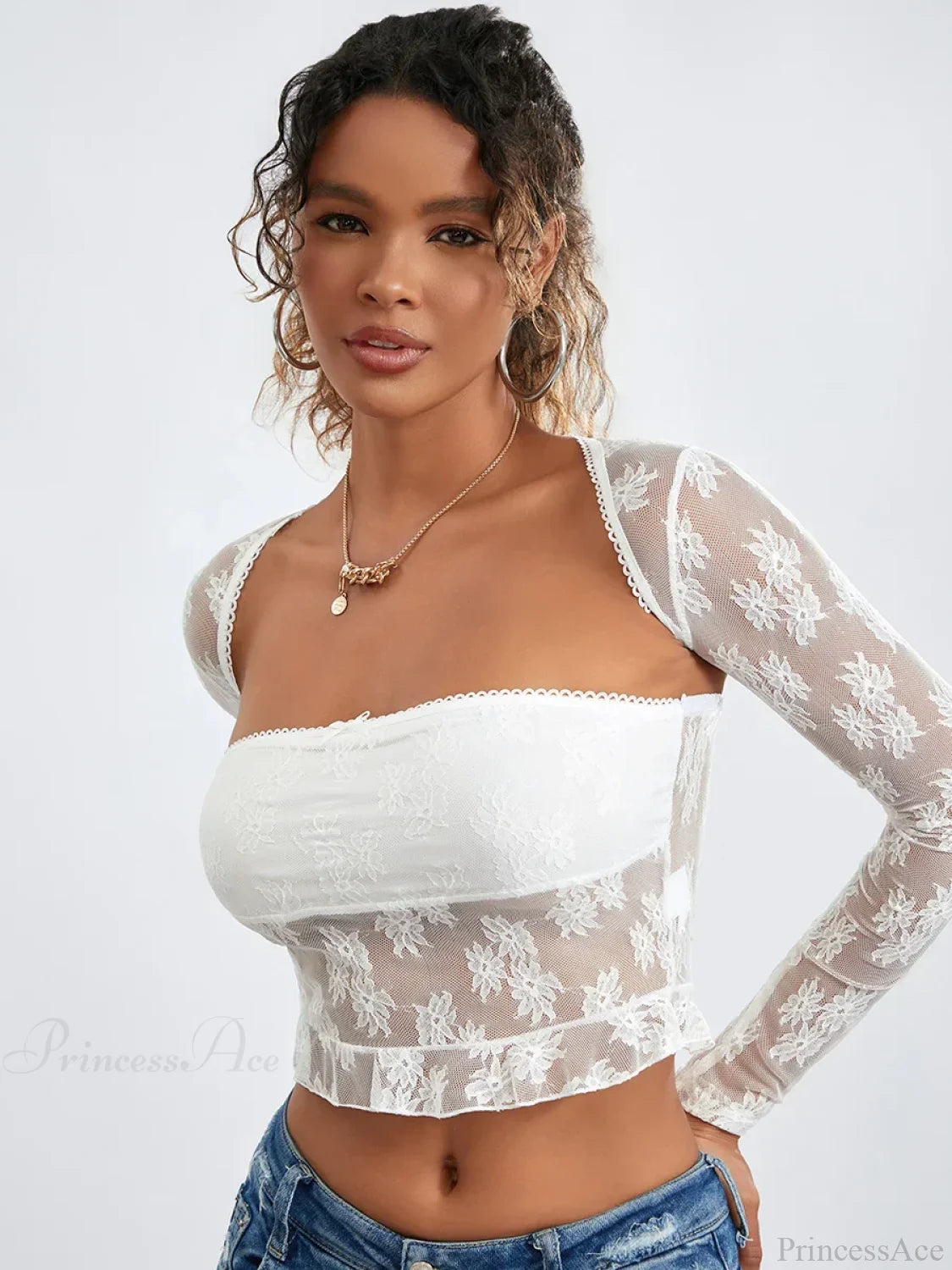 Lace Shrug Two-piece Floral Sheer Mesh Crop Outfit croptop-250126