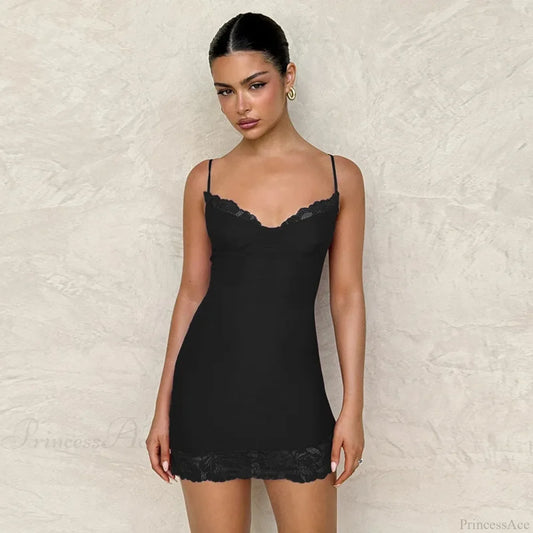 Lace Side Slim Spaghetti Strap Vacation Dress Black / XS vacationdress-250223