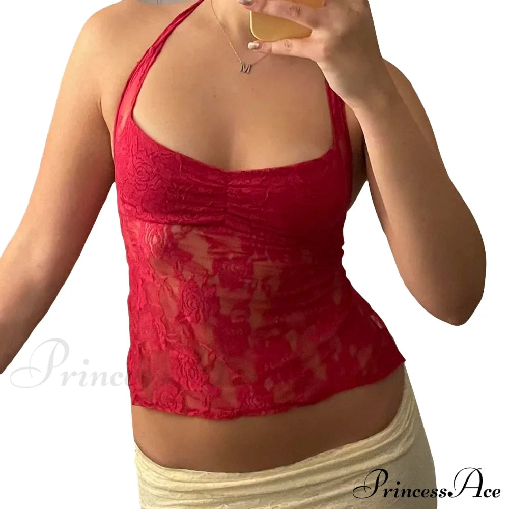 Lace Solid Chic Basic Casual Slim Fit Summer Stylish Elegant Crop Top Red / S