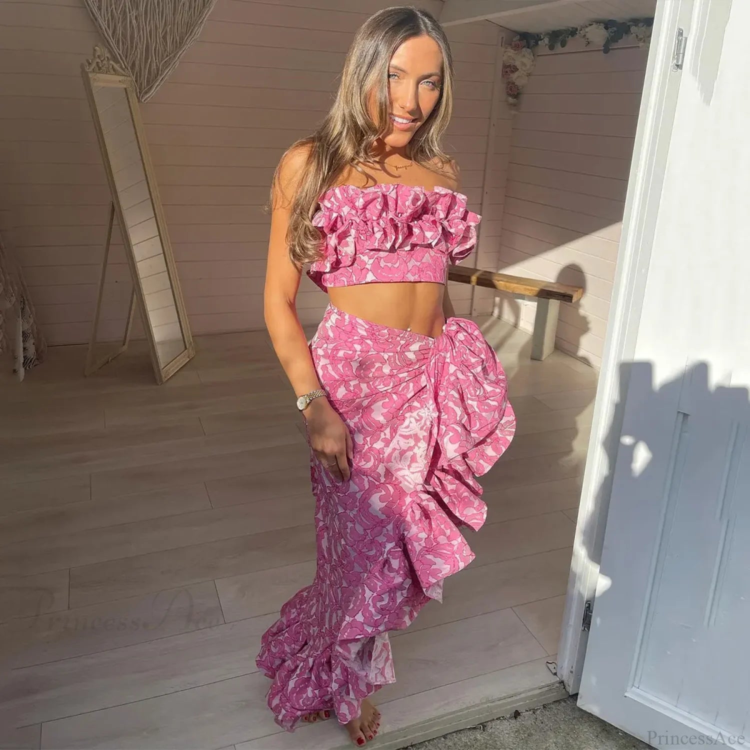 Lace Solid Strappy Skirt Three Piece Swimsuit Pink / S