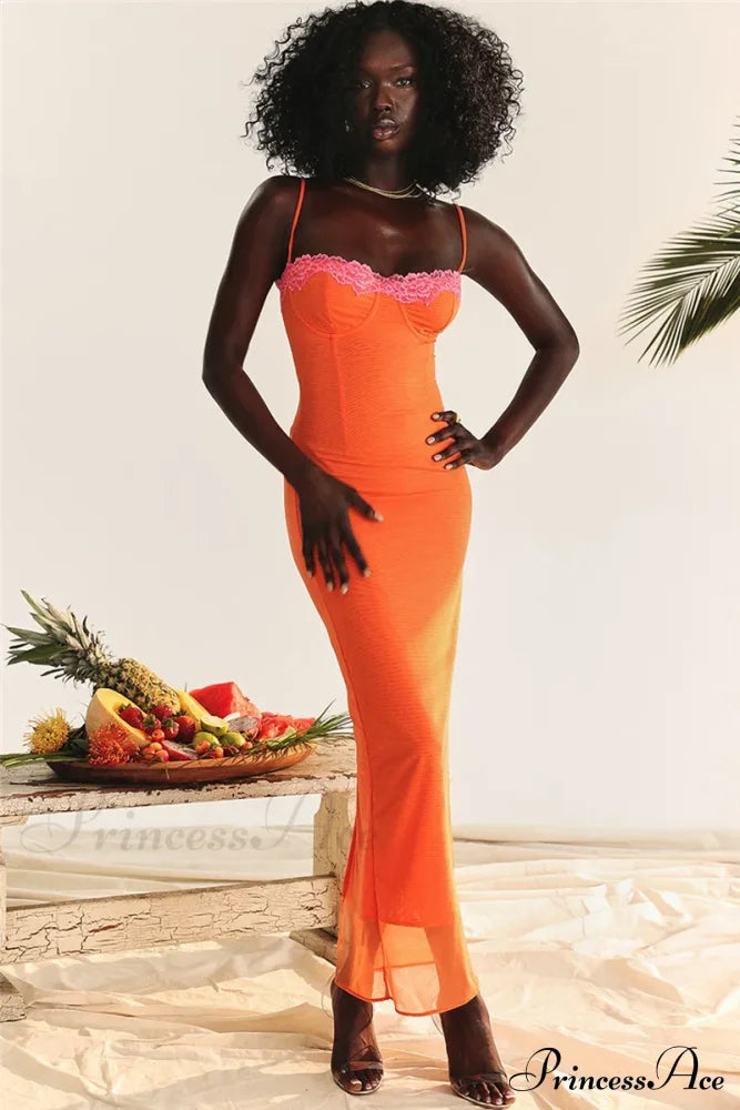 Lace Spaghetti Strap Charming Mesh Midi Dress Solid Ankle Length