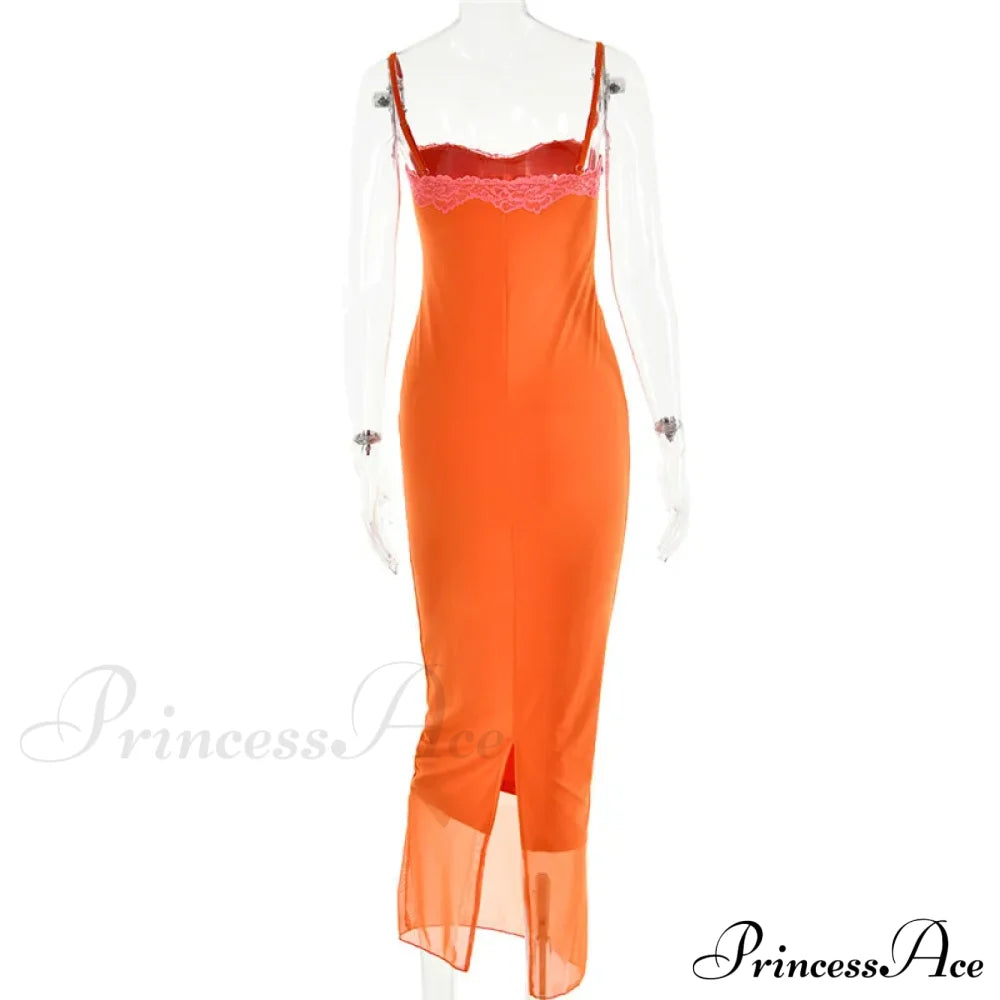Lace Spaghetti Strap Charming Mesh Midi Dress Solid Ankle Length