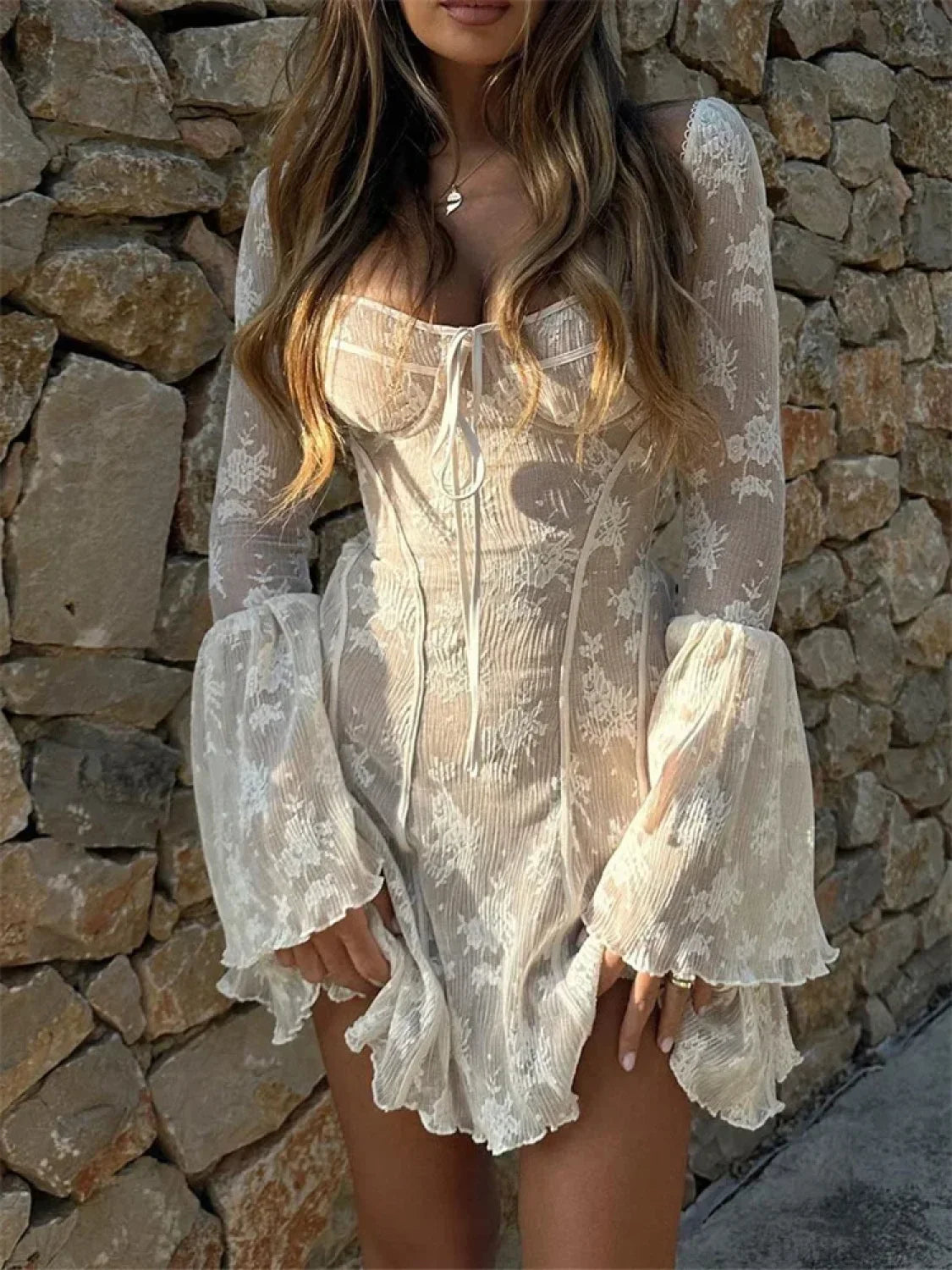 Lace Square Collar See-Through Mini Dress minidress-250223