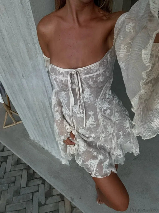 Lace Square Collar See-Through Mini Dress WHITE / XS minidress-250223