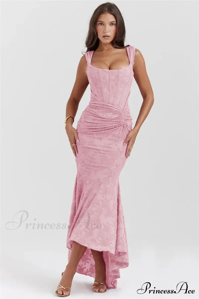 Lace Textured Strap Charming Wrap Midi Dress Pleated Maxi