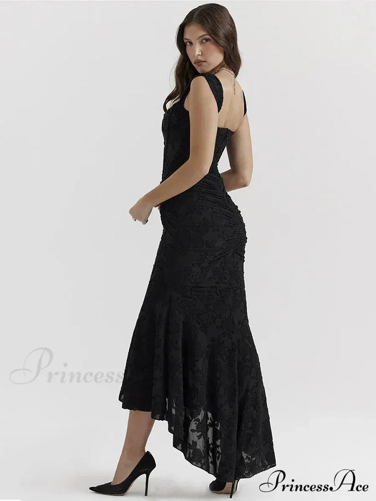 Lace Textured Strap Charming Wrap Midi Dress Pleated Maxi