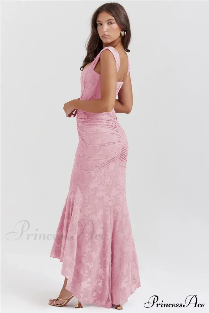 Lace Textured Strap Charming Wrap Midi Dress Pleated Maxi