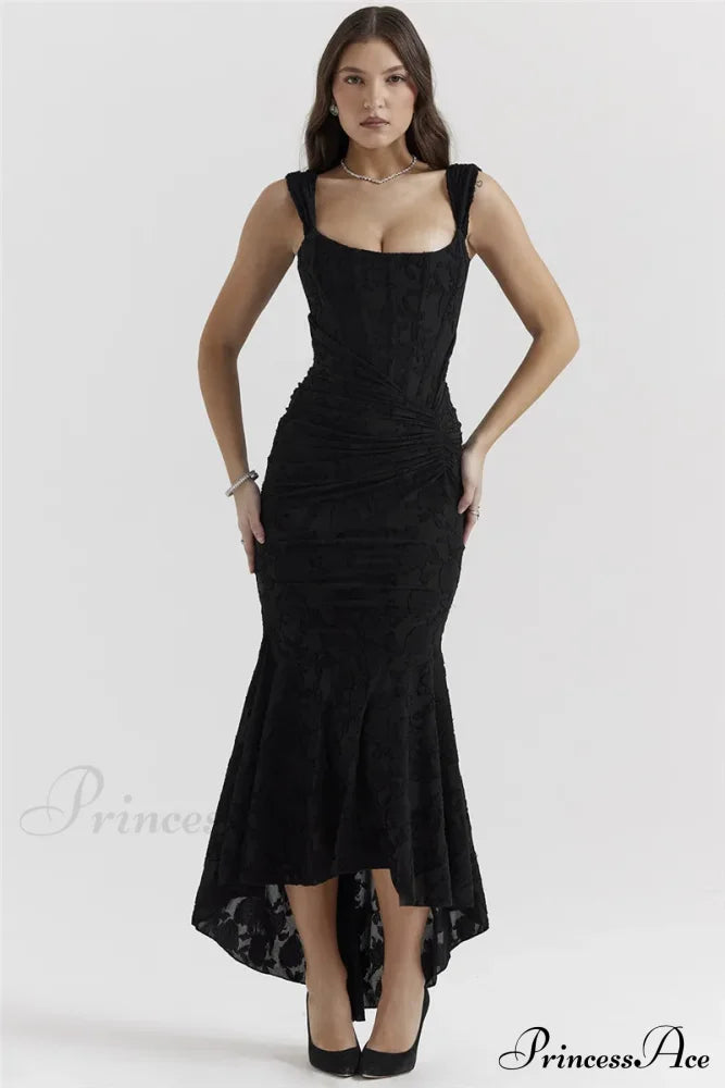 Lace Textured Strap Charming Wrap Midi Dress Pleated Maxi