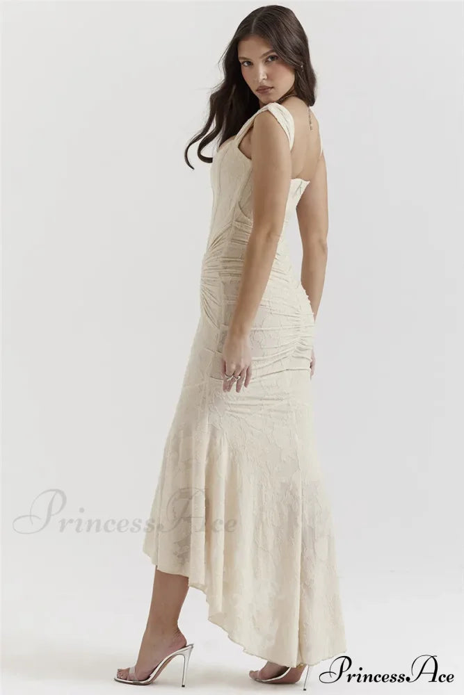 Lace Textured Strap Charming Wrap Midi Dress Pleated Maxi
