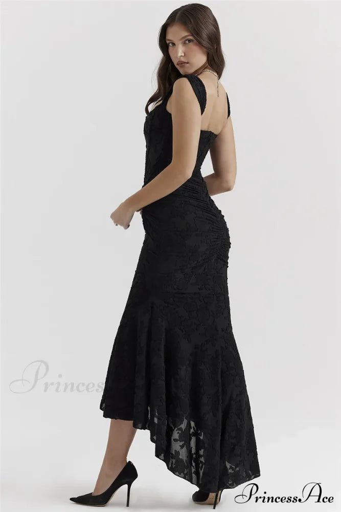 Lace Textured Strap Charming Wrap Midi Dress Pleated Maxi