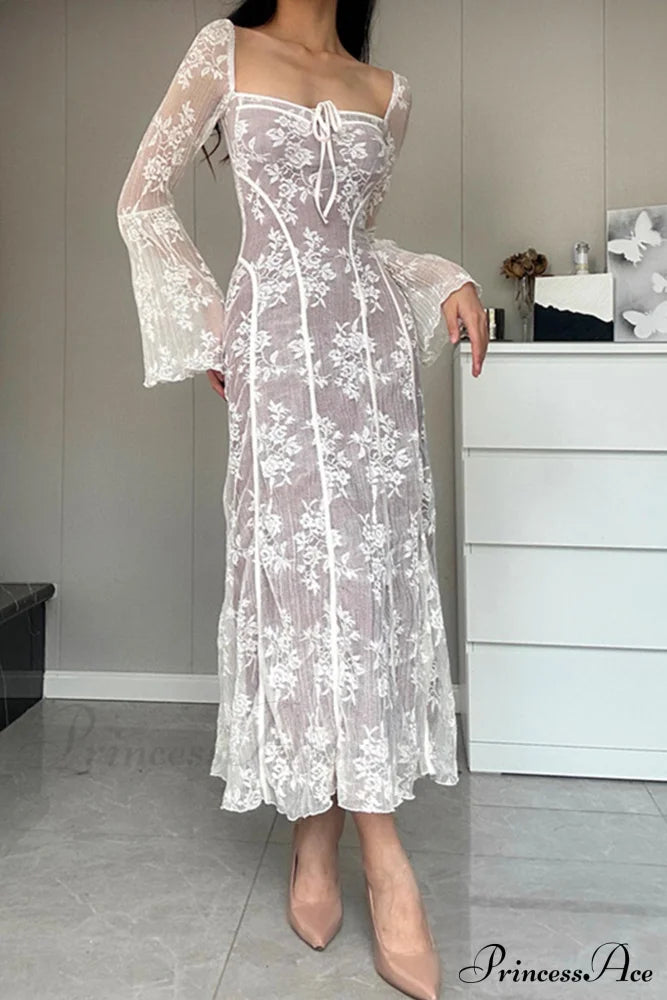 Lace Tie-Up Flares Sleeve Midi Dress Dresses