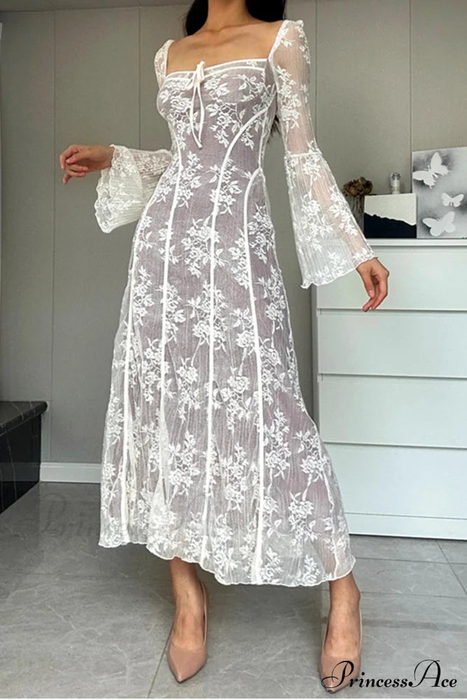 Lace Tie-Up Flares Sleeve Midi Dress Dresses