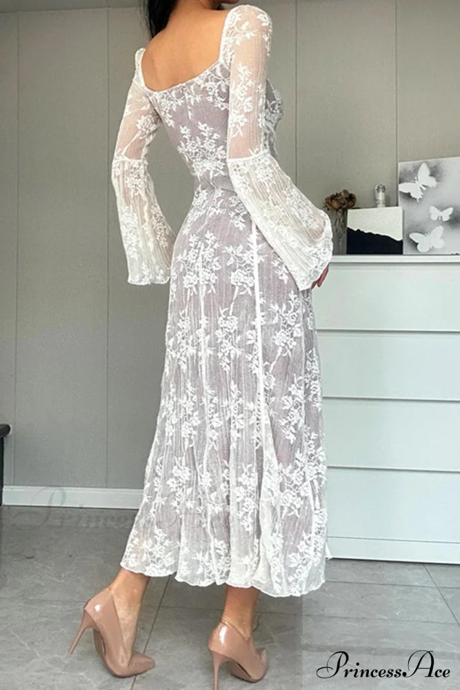 Lace Tie-Up Flares Sleeve Midi Dress Dresses