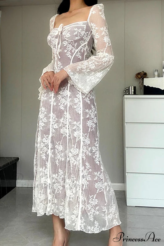 Lace Tie-Up Flares Sleeve Midi Dress White / M Dresses