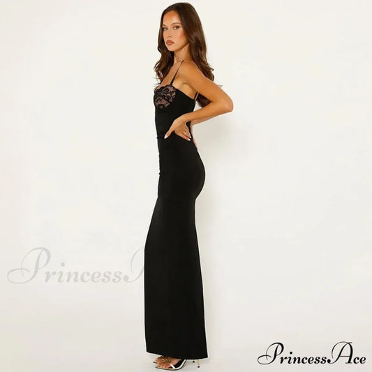 Lace Trim Backless Maxi Party Dress Partydress-241208