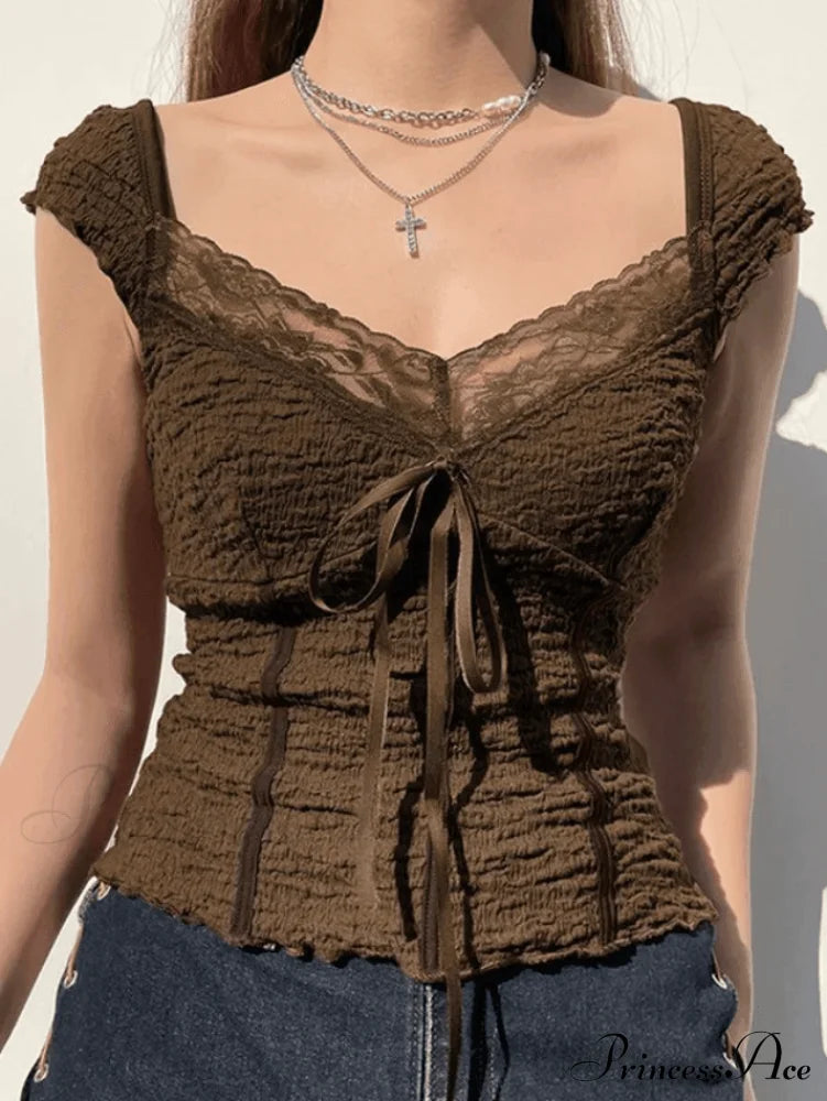 Lace Trim Graceful Buttoned Knit Top Brown / S Shirts