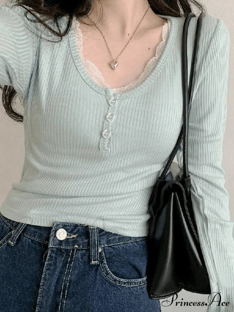 Lace Trim Graceful Knit Crop Top Blue / S Sweaters