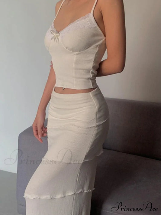 Lace Trim Ribbed Trendy Knit Crop Cami Top Two-Piece Outfits