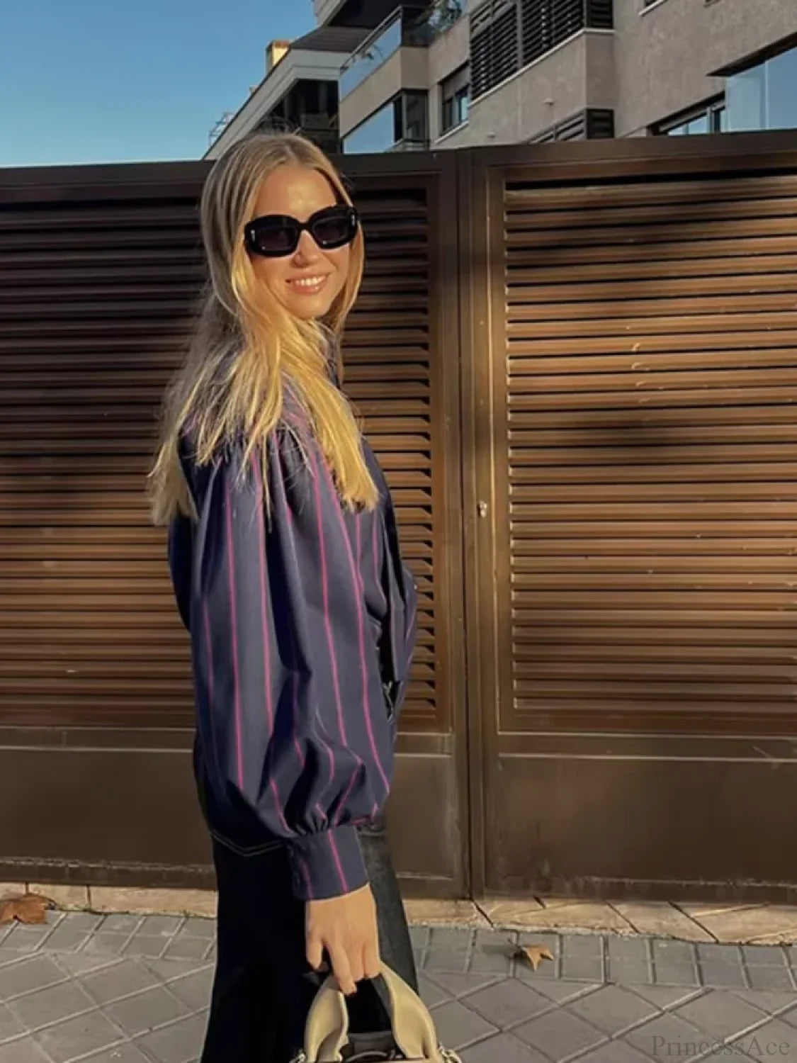 Lace Up Collision Striped Round Neck Blouse blouse-250223