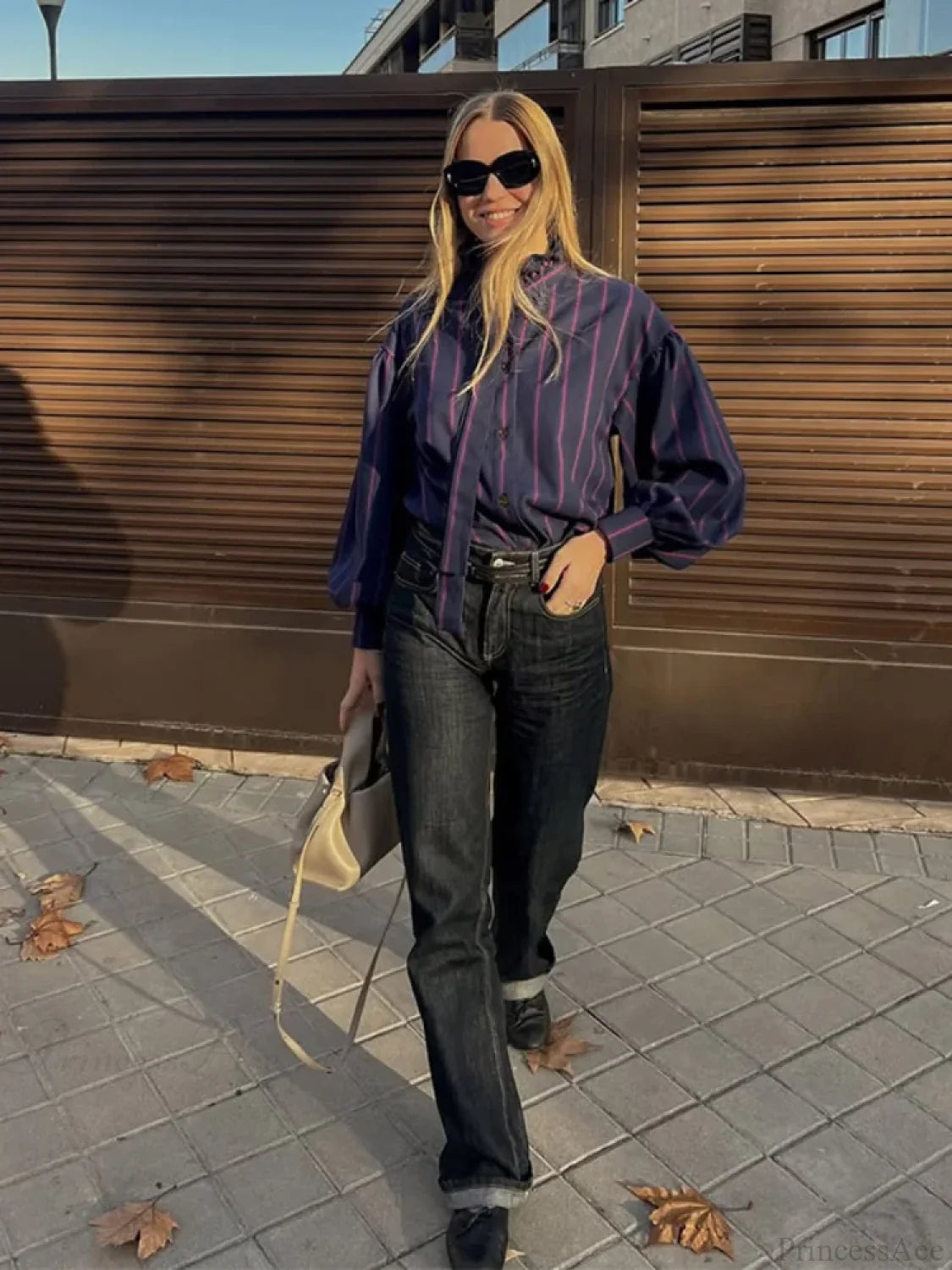 Lace Up Collision Striped Round Neck Blouse blouse-250223