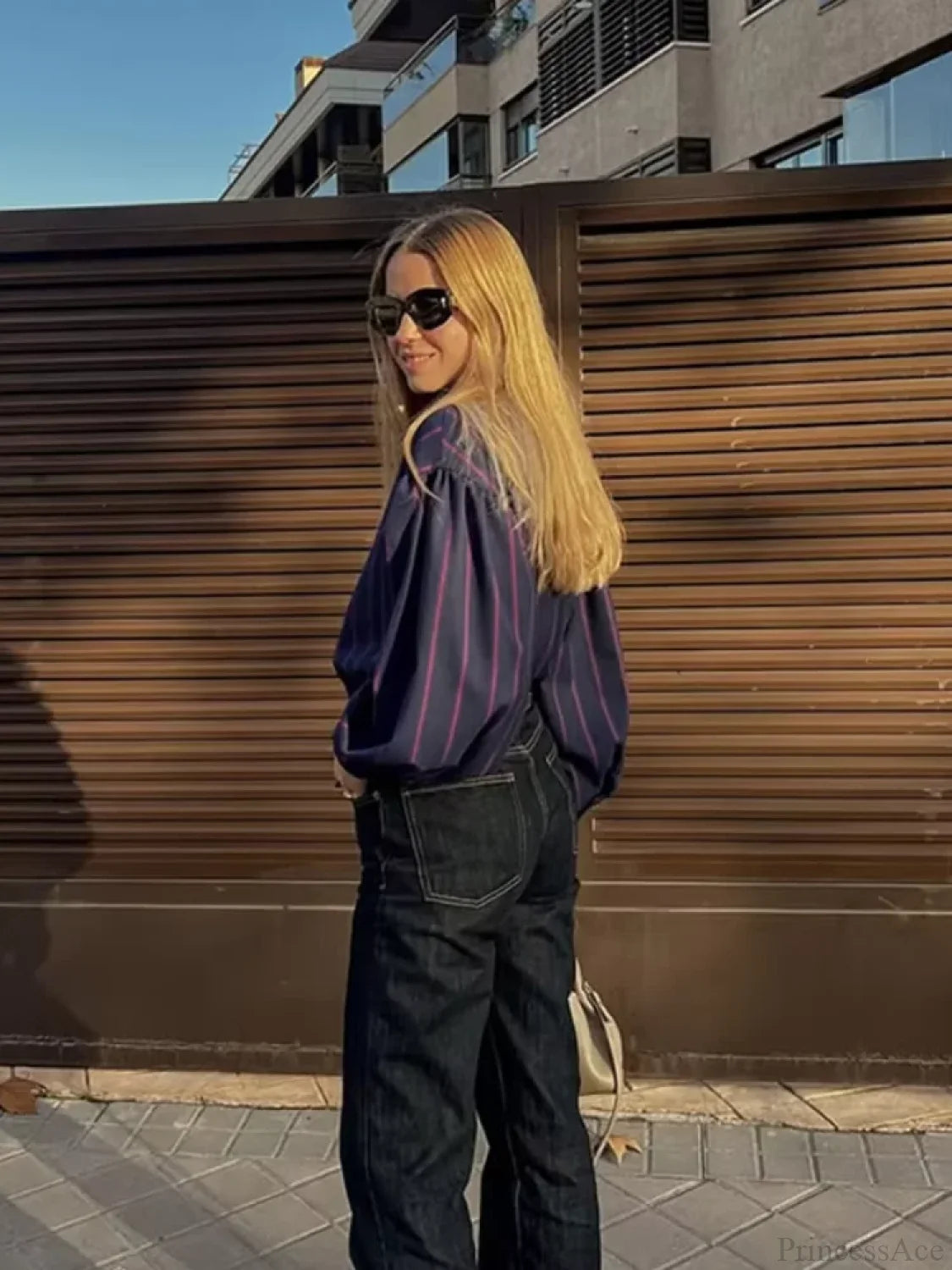 Lace Up Collision Striped Round Neck Blouse blouse-250223