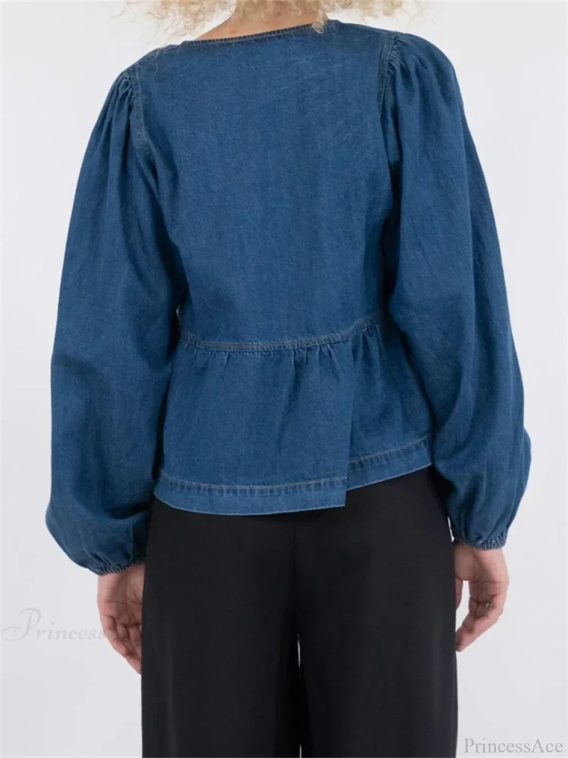 Lace-Up Denim V-neck Blouse blouse-250223
