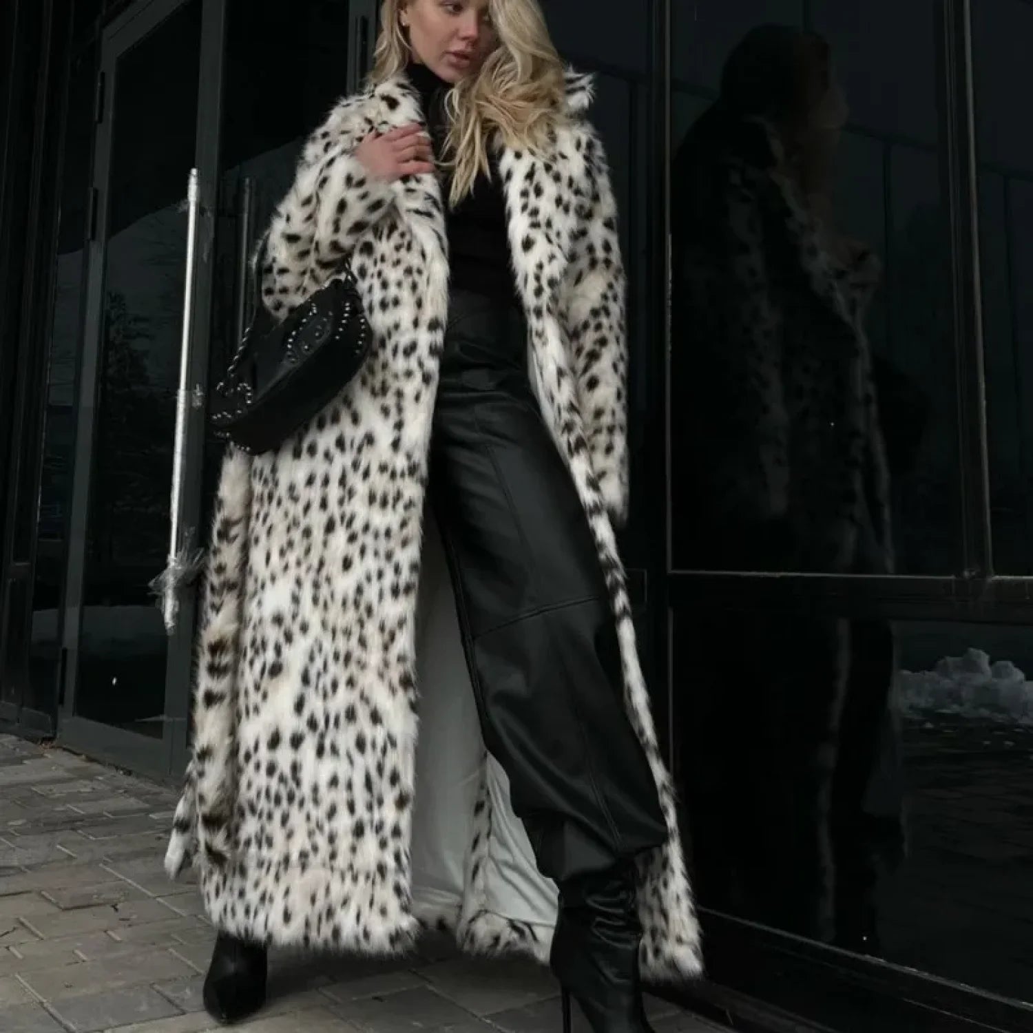 Lace-Up Grey Woolen High Collar Overcoat Leopard print / S