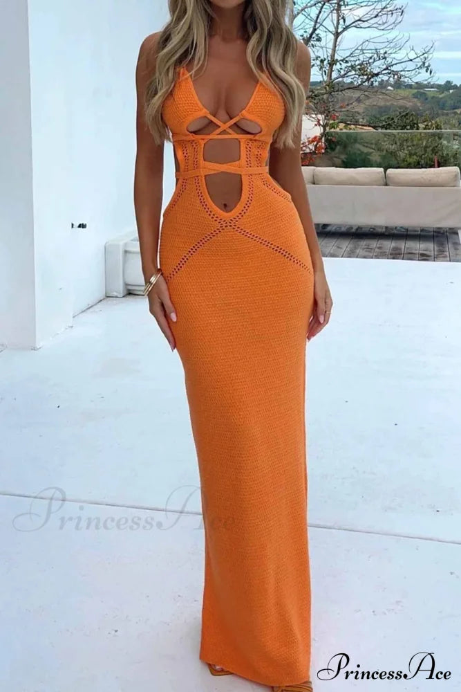 Lace Up Hollow Out Knitted Dress Orange / L Maxi Dresses