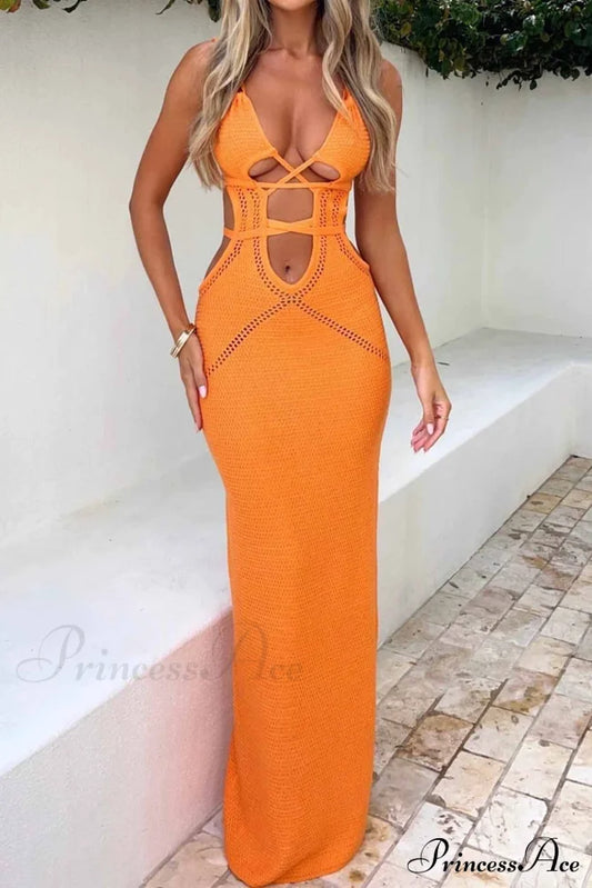 Lace Up Hollow Out Knitted Dress Orange / M Maxi Dresses