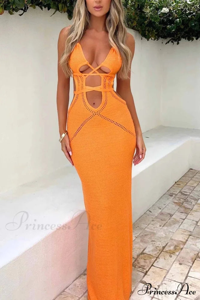 Lace Up Hollow Out Knitted Dress Orange / S Maxi Dresses