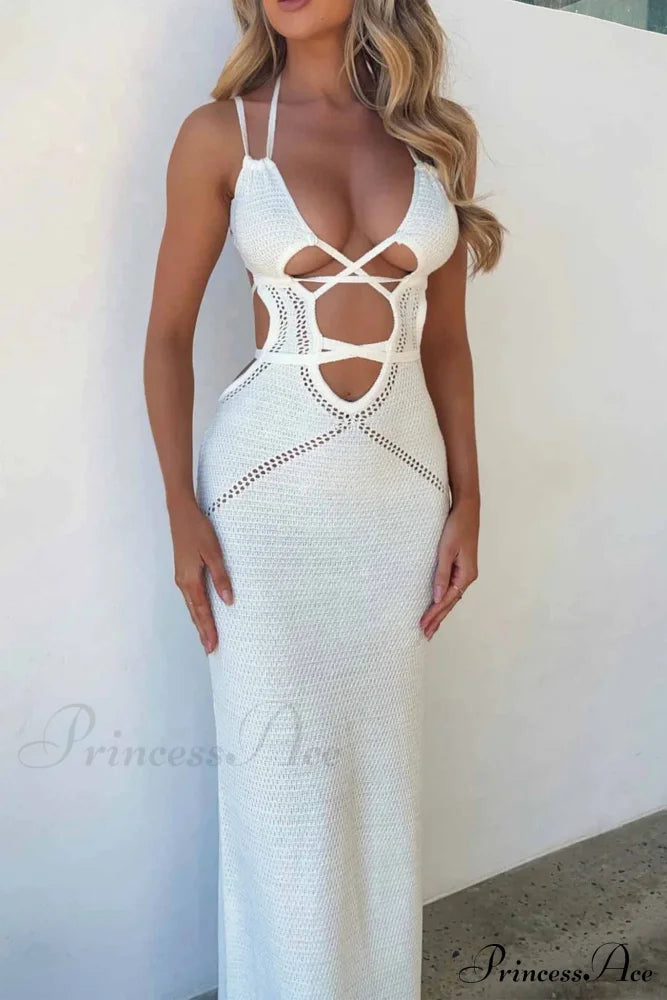 Lace Up Hollow Out Knitted Dress White / M Maxi Dresses