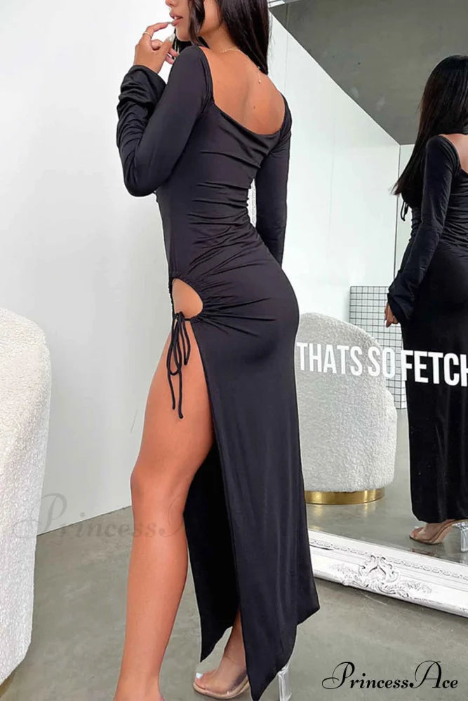 Lace Up Hollow Out Slit Dress With Long Sleeves Black / L Maxi Dresses