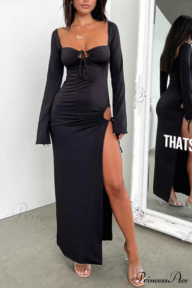 Lace Up Hollow Out Slit Dress With Long Sleeves Black / M Maxi Dresses