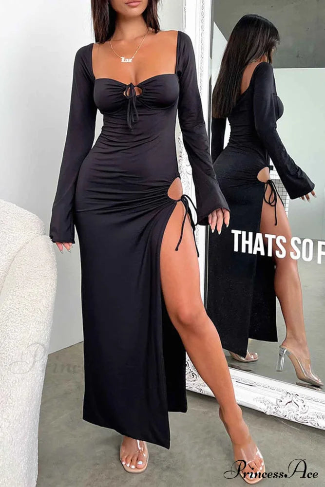 Lace Up Hollow Out Slit Dress With Long Sleeves Black / S Maxi Dresses