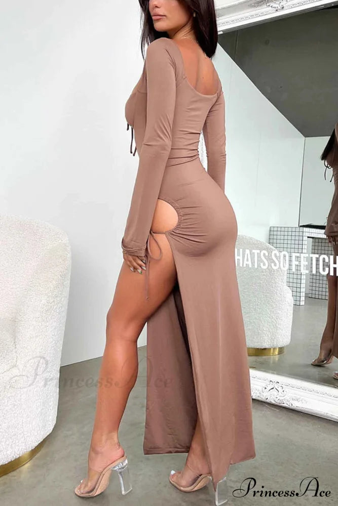 Lace Up Hollow Out Slit Dress With Long Sleeves Brown / M Maxi Dresses