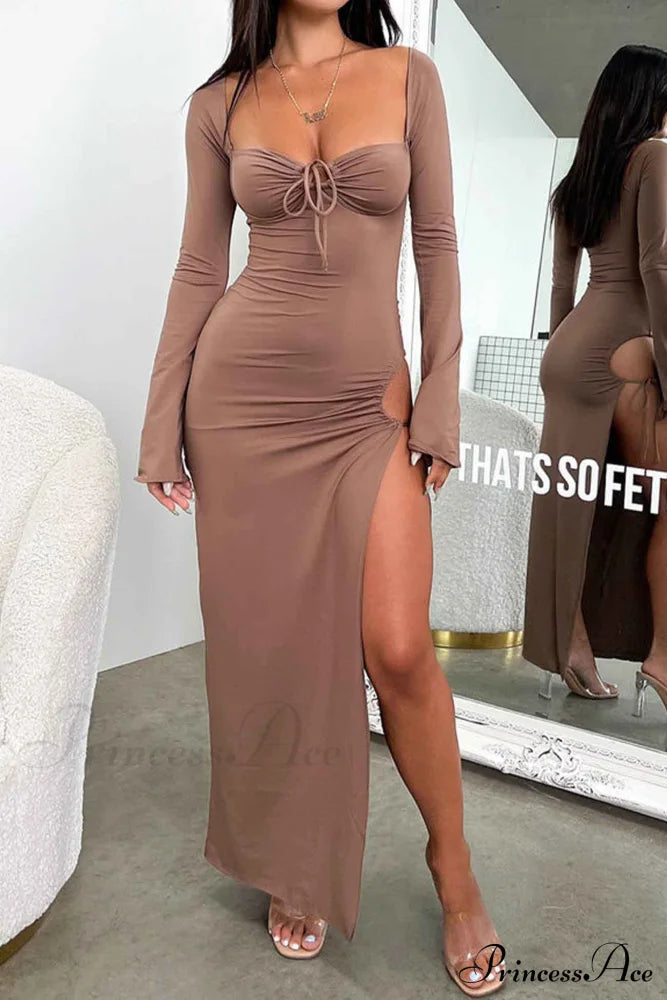 Lace Up Hollow Out Slit Dress With Long Sleeves Brown / S Maxi Dresses