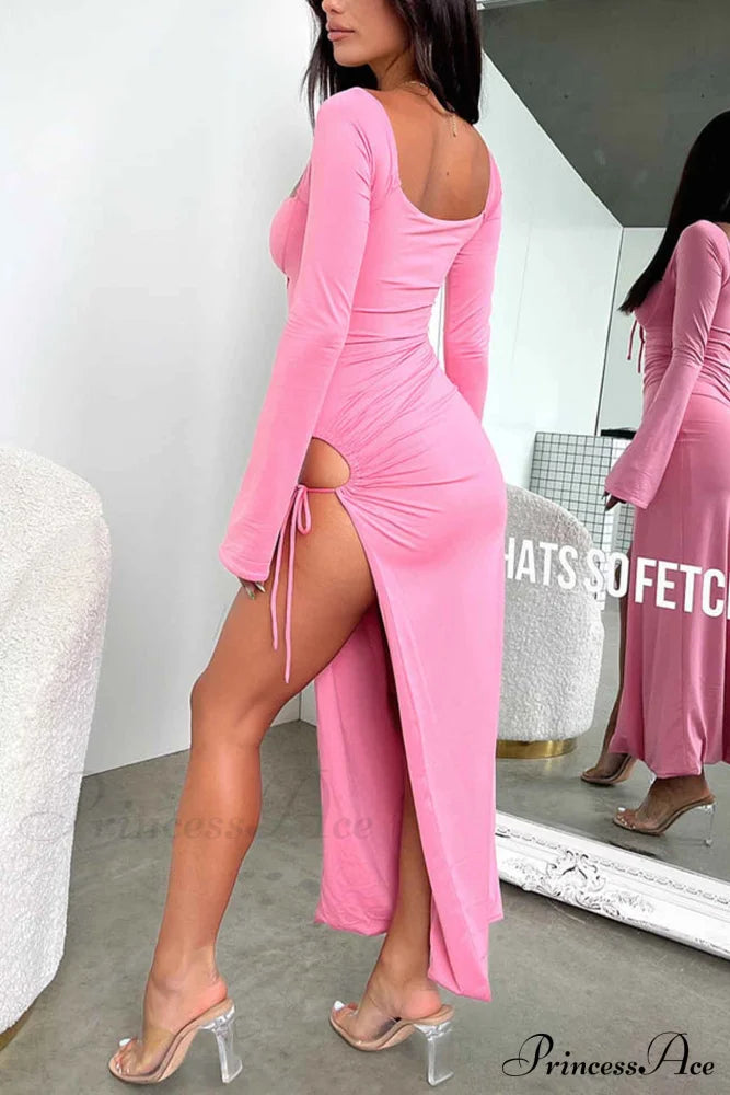 Lace Up Hollow Out Slit Dress With Long Sleeves Pink / L Maxi Dresses