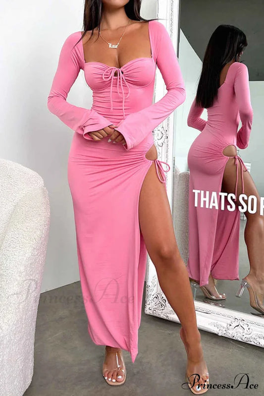 Lace Up Hollow Out Slit Dress With Long Sleeves Pink / M Maxi Dresses