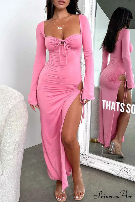 Lace Up Hollow Out Slit Dress With Long Sleeves Pink / S Maxi Dresses