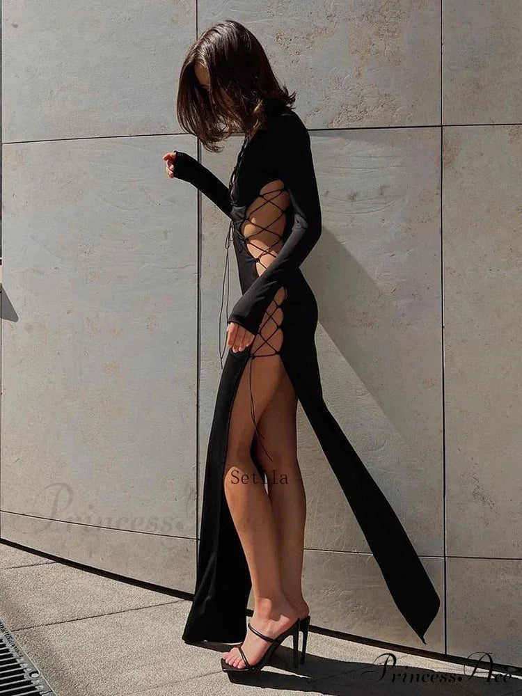 Lace Up Hot Slit Maxi Dress