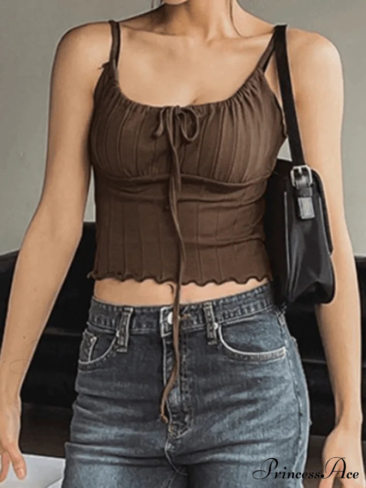 Lace Up Raw Trendy Hem Corset Denim Dress Brown / S Tops&Tees