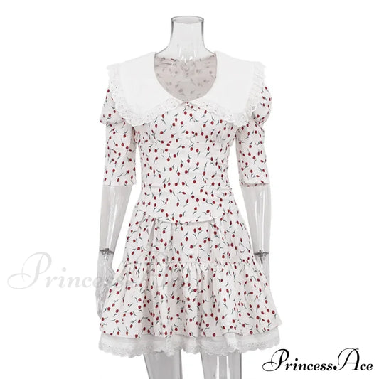 Lace-Up Slim Luxury Lace Turn Collar Short Sleeve Folds Es Femme Party Retro Lady Floral Dress