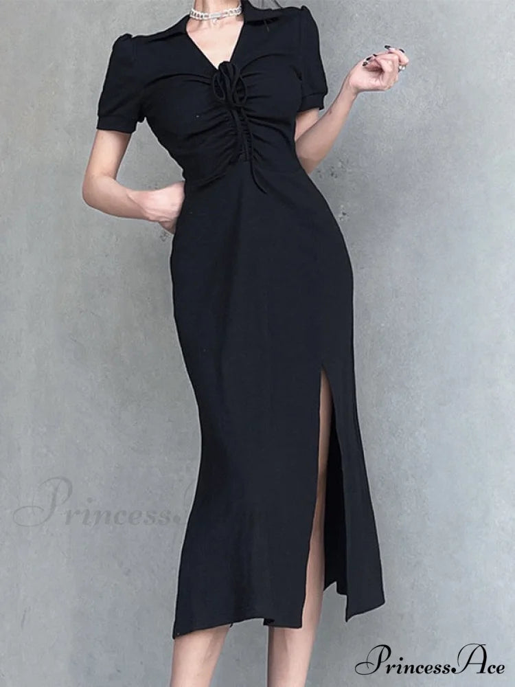 Lace Up Slit Trendy Green Maxi Dress Black / S Dresses