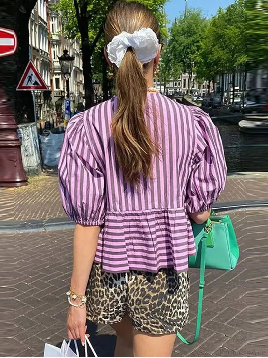 Lace Up Striped O-neck Loose Short Sleeve Blouse blouse-250126