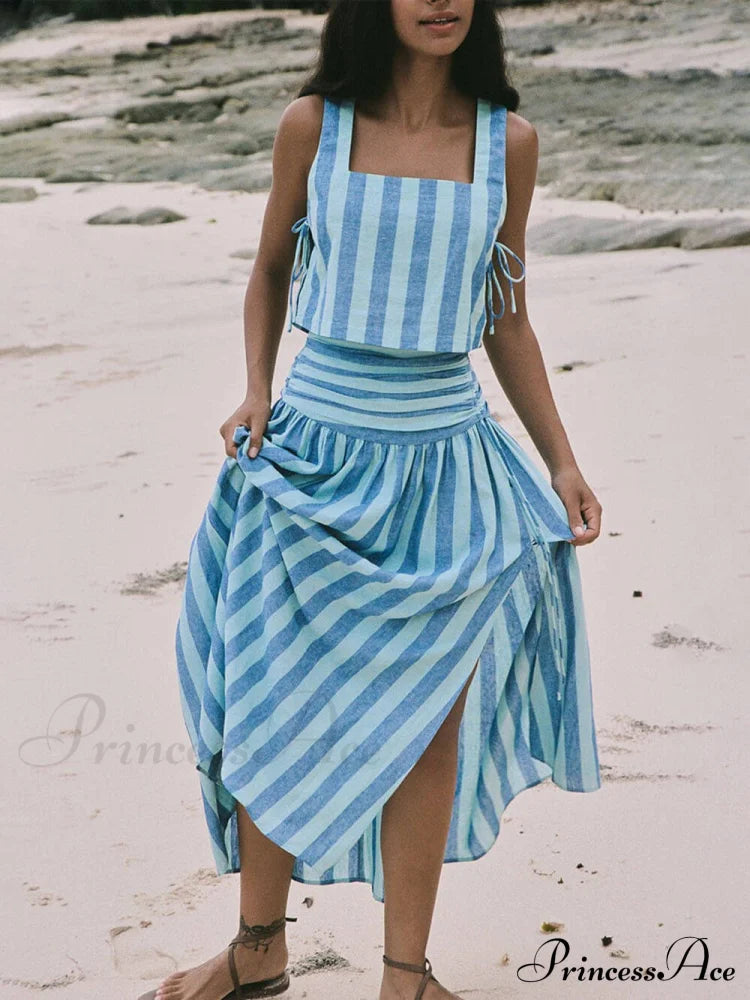 Lace-Up Tank And Ruched Graceful Waist Midi Skirt Set Blue / S Dresses