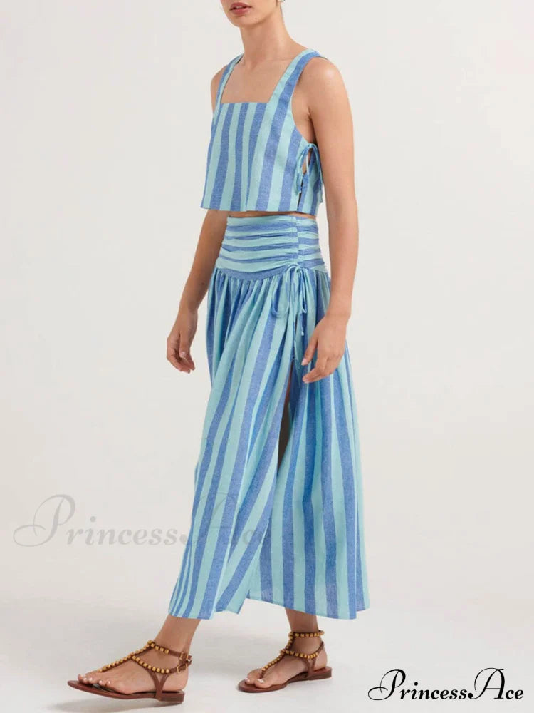 Lace-Up Tank And Ruched Graceful Waist Midi Skirt Set Dresses