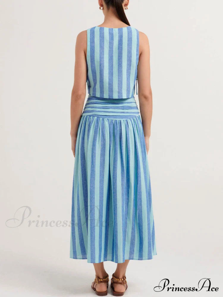 Lace-Up Tank And Ruched Graceful Waist Midi Skirt Set Dresses