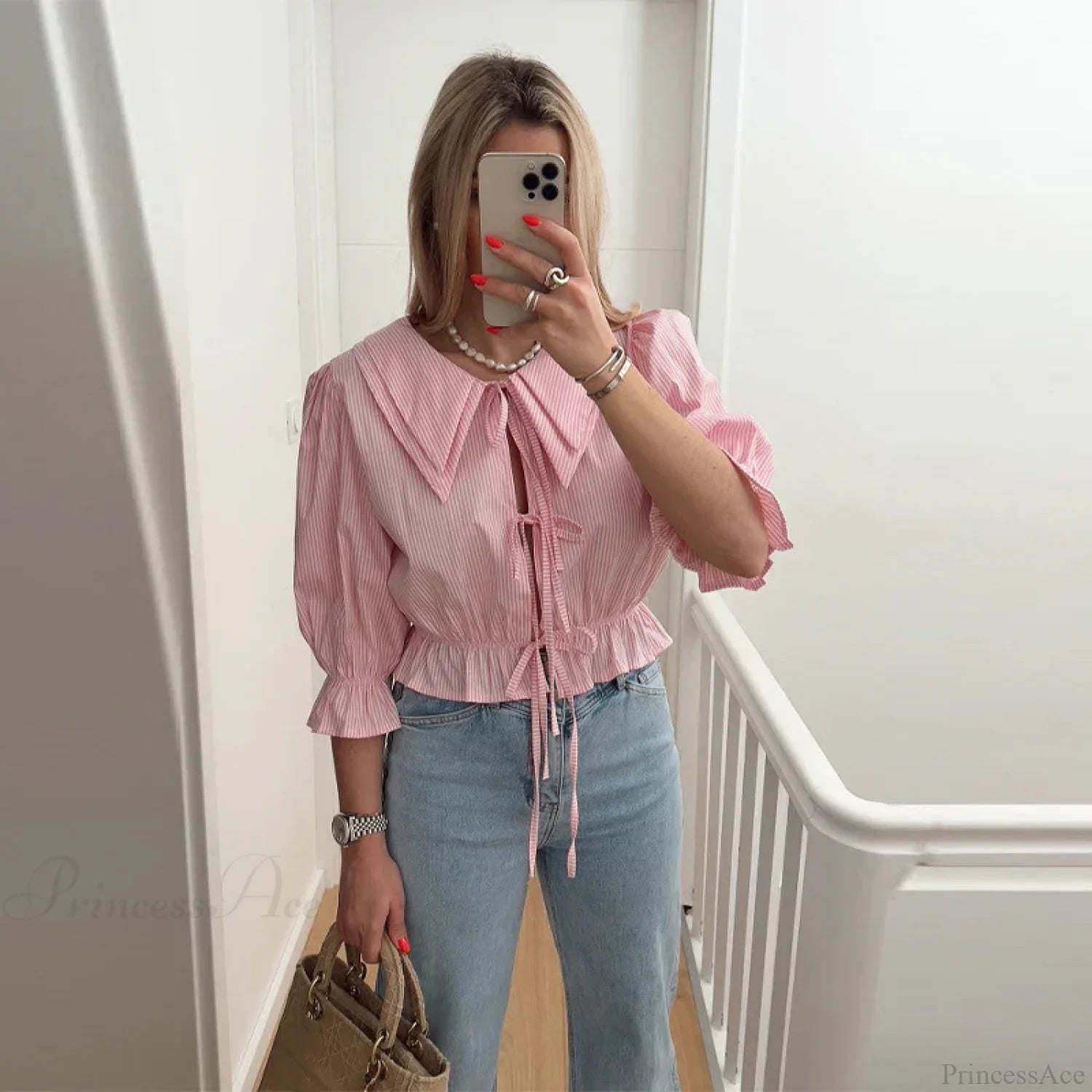 Lace-Up Tie-Up Puff Sleeve Midi Blouse pink a / S blouse-250223