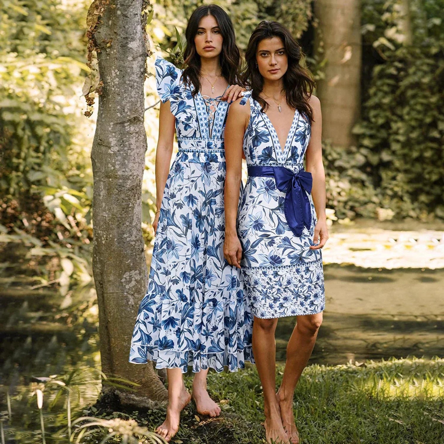 Lace up V Neck Ruffle Two Piece Set blue set / S