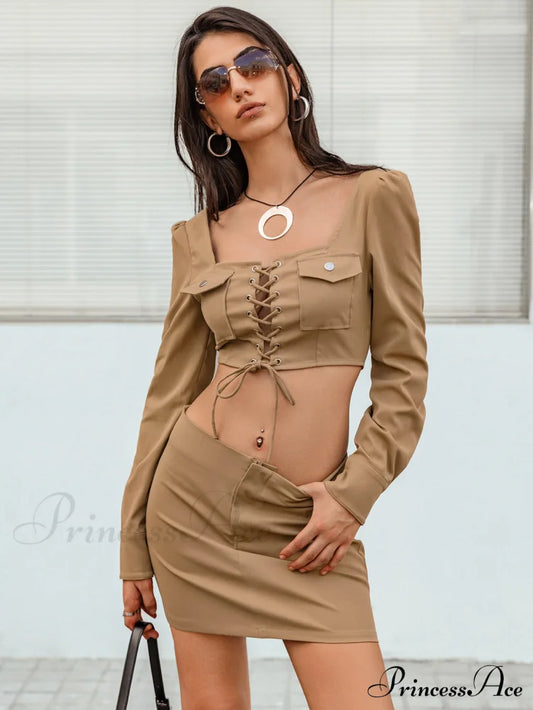 Lace-Up Cropped Top and Skirt Set Tan 2 piece B@H@S@D clothes crop top croptop sets Ship From Overseas Shipping Delay 09/29/2023 - 10/04/2023 ShippingDelay 09/29/2023 - 10/04/2023 skirts